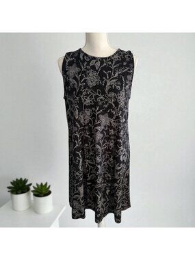 J JILL Wearever Collection Black Floral Swing Dress Size Medium Petite